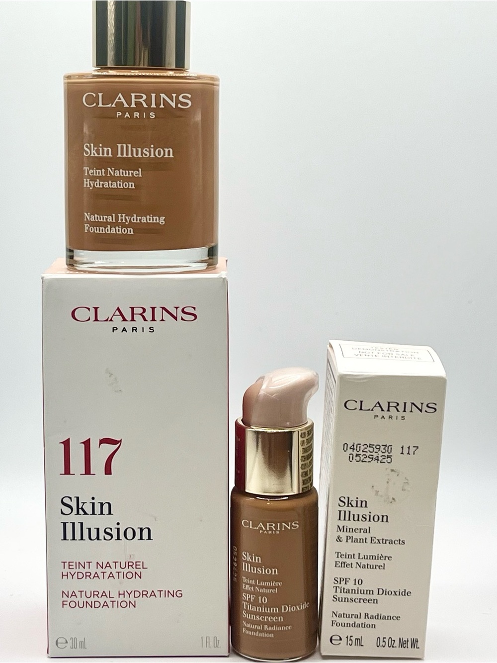 Clarins Skin Illusion Foundation Bundle: Shade 117 Hazelnut-30ml & 15ml SET BNIB
